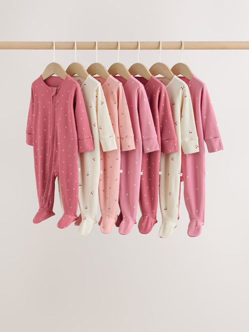 Pink Cherry Print Baby Sleepsuit 7 Pack (0mths-3yrs) image 1