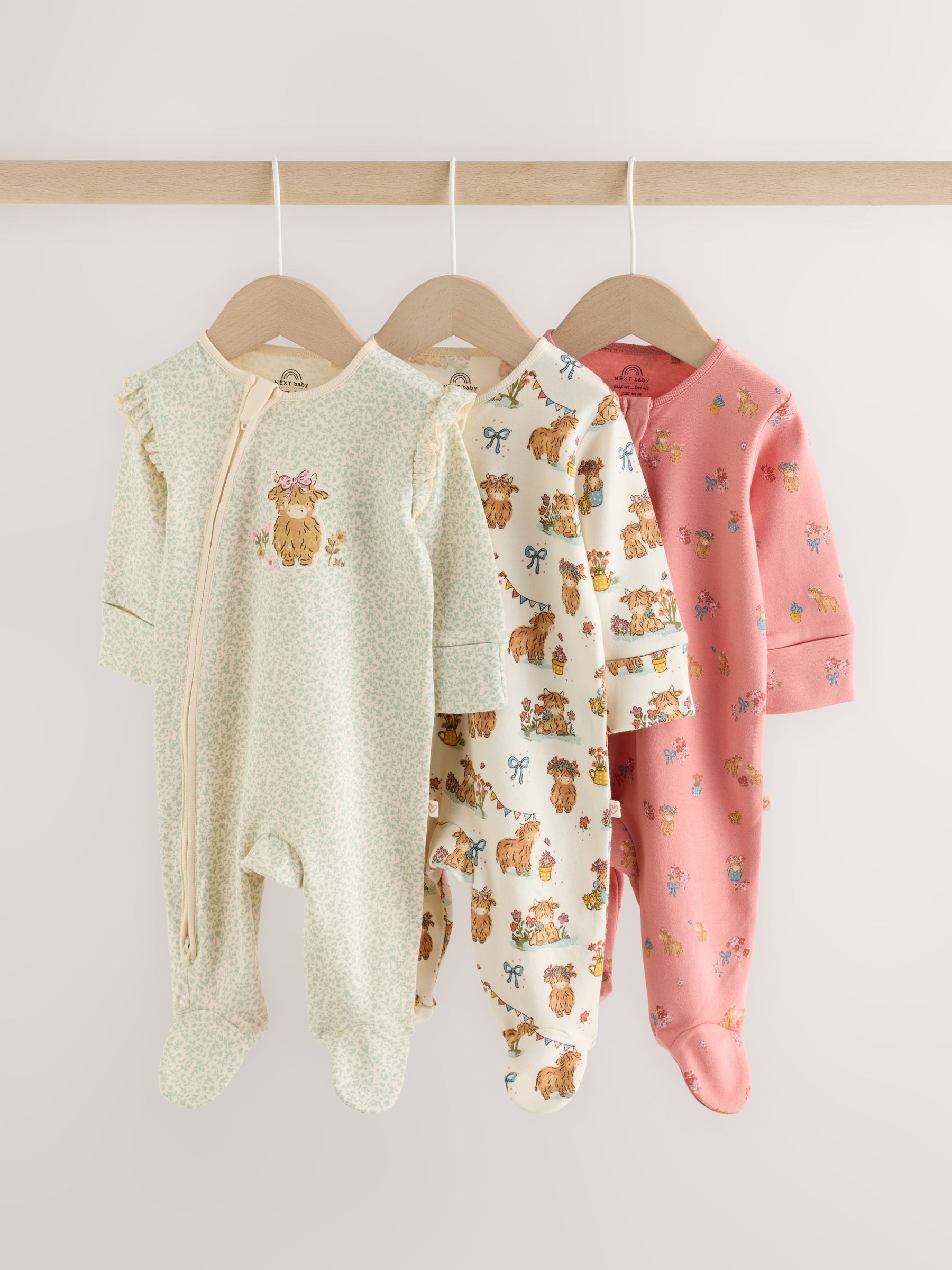 Pink/Green Hamish Two Way Zip Baby Sleepsuits 3 Pack (0-3yrs) image 1