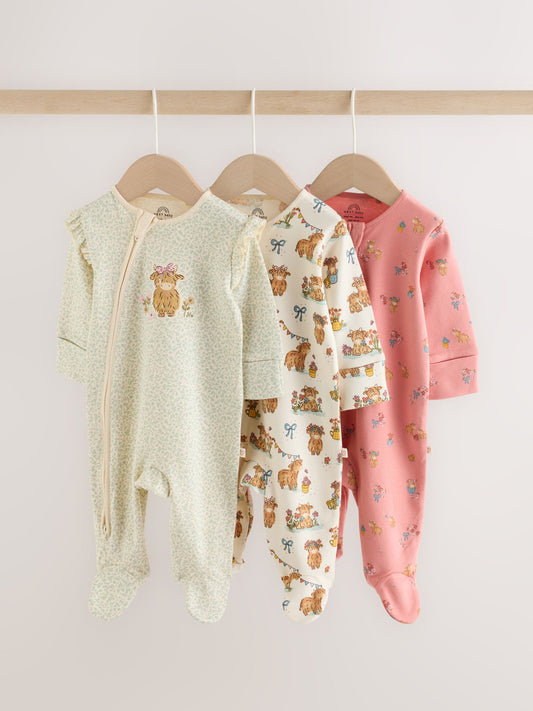 Pink/Green Hamish Two Way Zip Baby Sleepsuits 3 Pack (0-3yrs) image 1