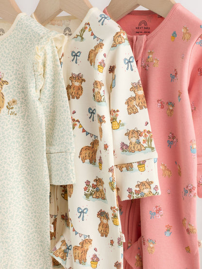 Pink/Green Hamish Two Way Zip Baby Sleepsuits 3 Pack (0-3yrs) image 7