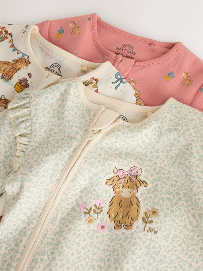 Pink/Green Hamish Two Way Zip Baby Sleepsuits 3 Pack (0-3yrs) image 8