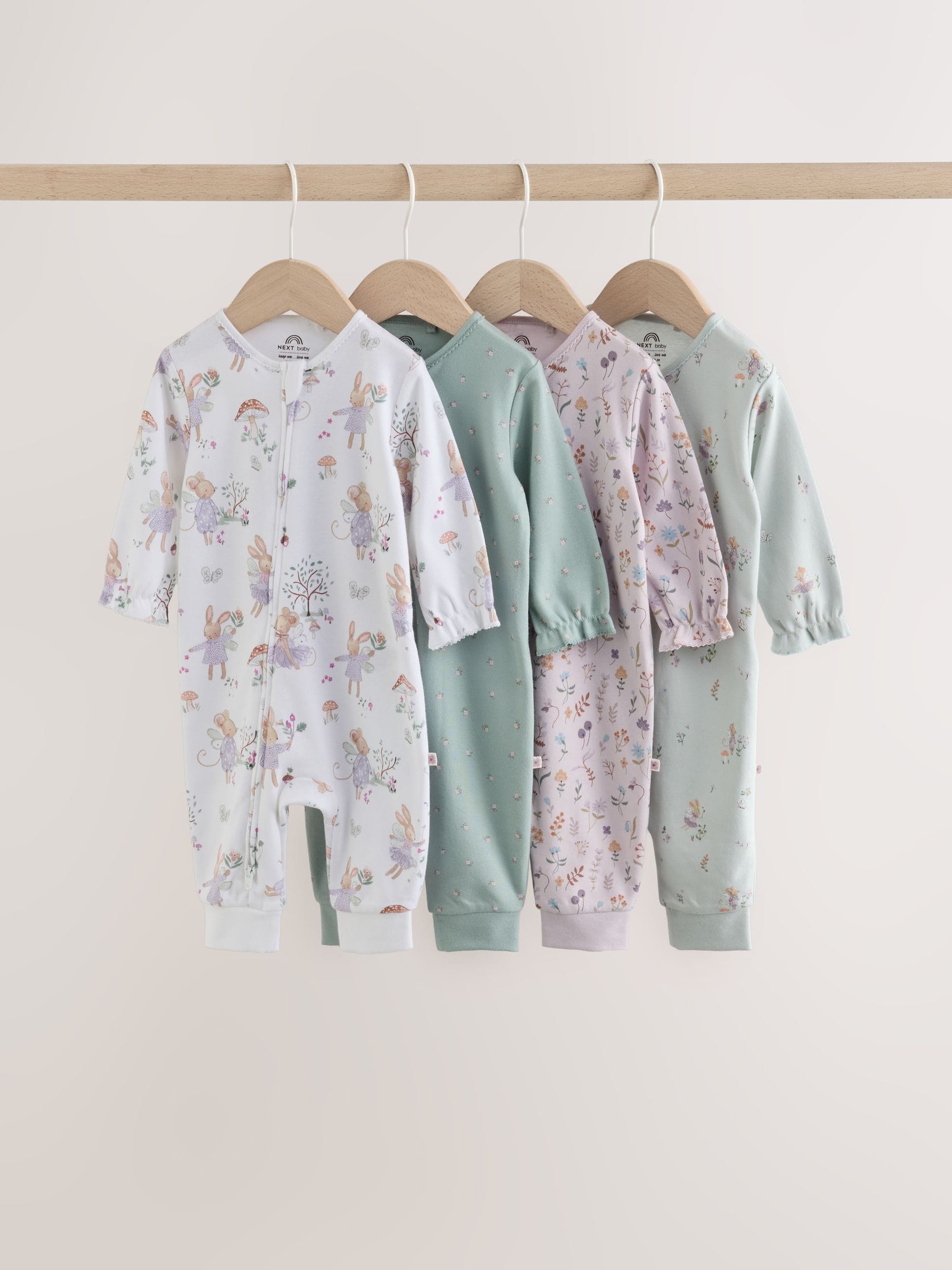 Lilac/Sage Fairy Mouse Two Way Zip Baby Sleepsuits 4 Pack (0mths-3yrs) image 1