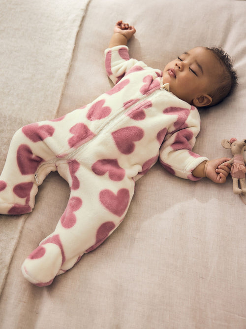 Ecru/Pink Heart Two Way Zip Fleece Sleepsuit image 1