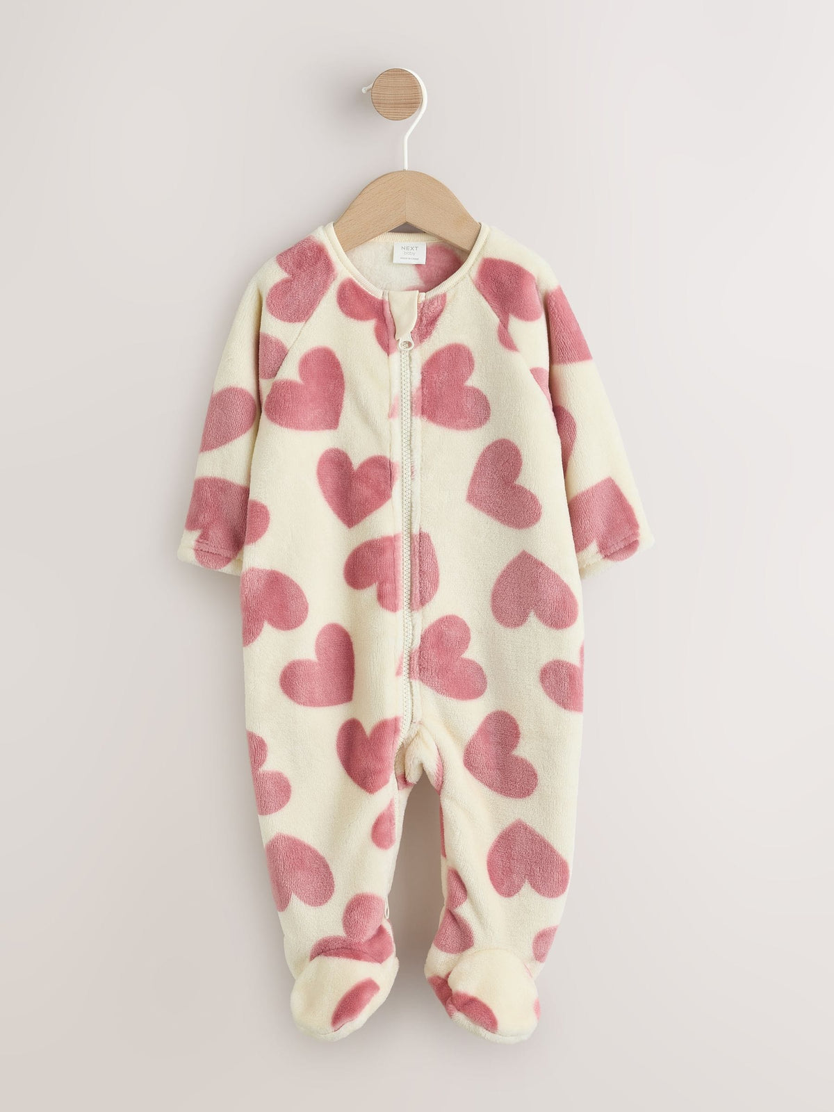 Ecru/Pink Heart Two Way Zip Fleece Sleepsuit image 3