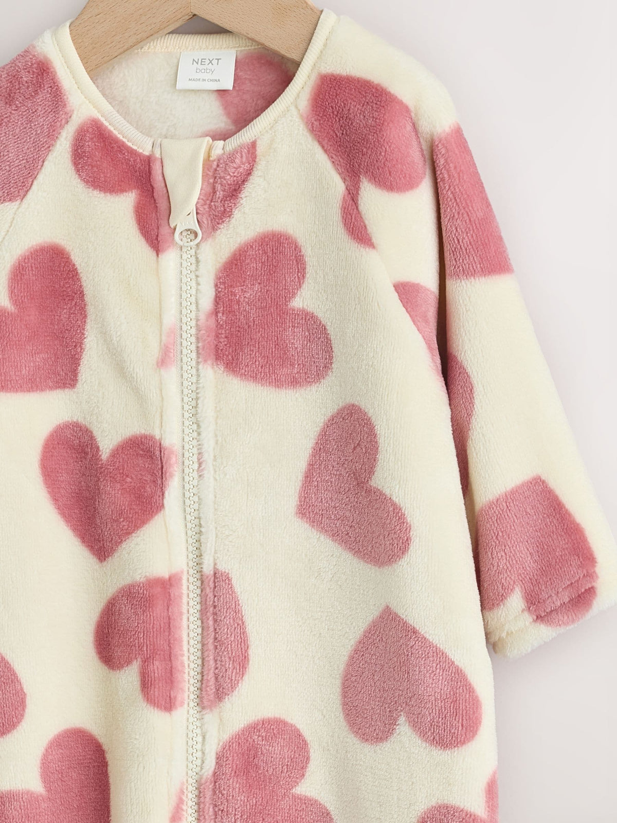 Ecru/Pink Heart Two Way Zip Fleece Sleepsuit image 5
