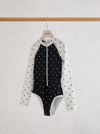 Reiss Navy/Ivory Sally 9-13 yrs Polka-Dot Long-Sleeve Swimsuit image 1