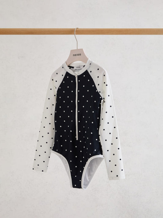 Reiss Navy/Ivory Sally 9-13 yrs Polka-Dot Long-Sleeve Swimsuit image 1
