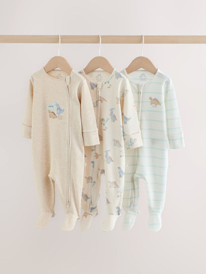 Neutral Dinosaur Two Way Zip Baby Sleepsuits 3 Pack (0-2yrs) image 1