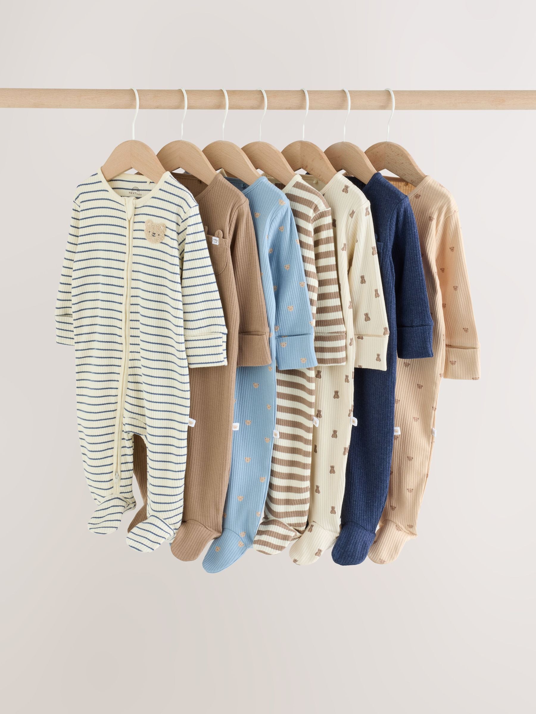 Neutral/Brown Bear Two Way Zip Baby Sleepsuits 7 Pack (0mths-2yrs) image 1