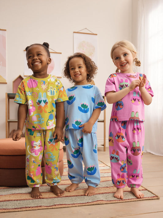 Dsiney Kidz - Pink/Blue Cat/Floral Jogger Pyjamas 3 Pack (9mths-12yrs) image 1