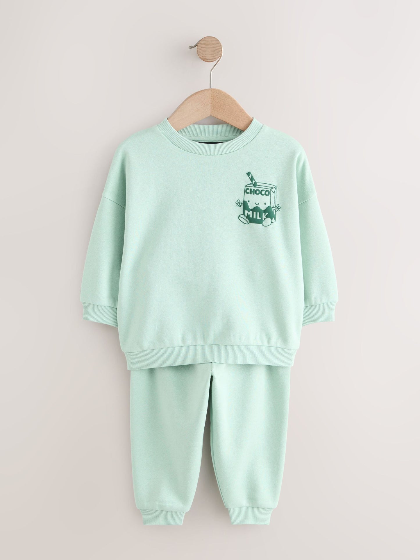 Sage Green Single Printed Crew Neck Sweat Top & Joggers Set (3mths-7yrs) image 1