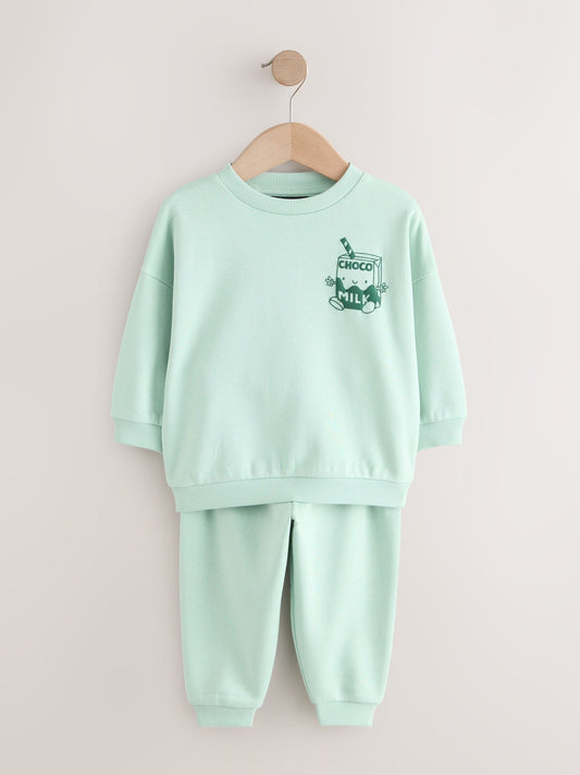 Sage Green Single Printed Crew Neck Sweat Top & Joggers Set (3mths-7yrs) image 1