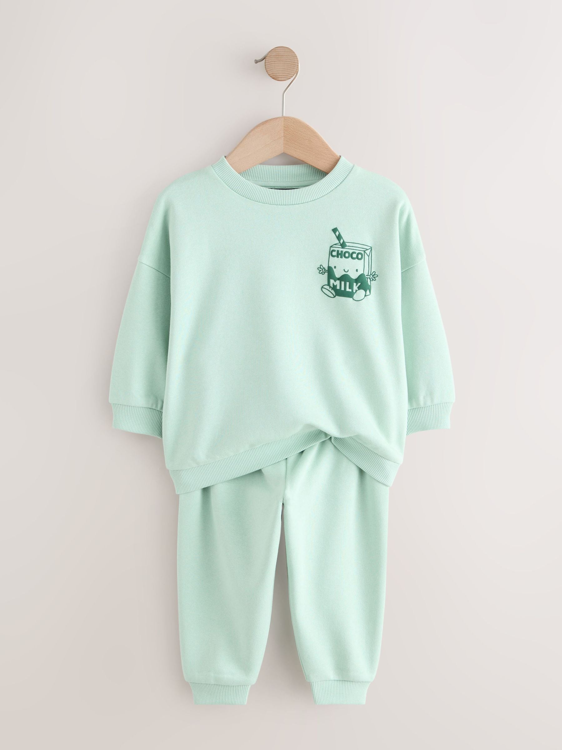 Sage Green Single Printed Crew Neck Sweat Top & Joggers Set (3mths-7yrs) image 2