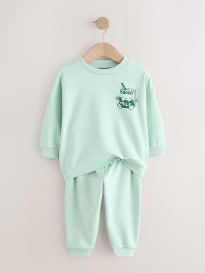 Sage Green Single Printed Crew Neck Sweat Top & Joggers Set (3mths-7yrs) image 2