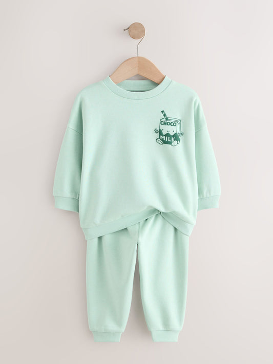 Sage Green Single Printed Crew Neck Sweat Top & Joggers Set (3mths-7yrs) image 3