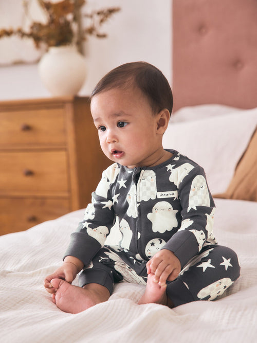 Grey Halloween Ghost Two Way Zip Baby Sleepsuit (0mths-3yrs) image 1