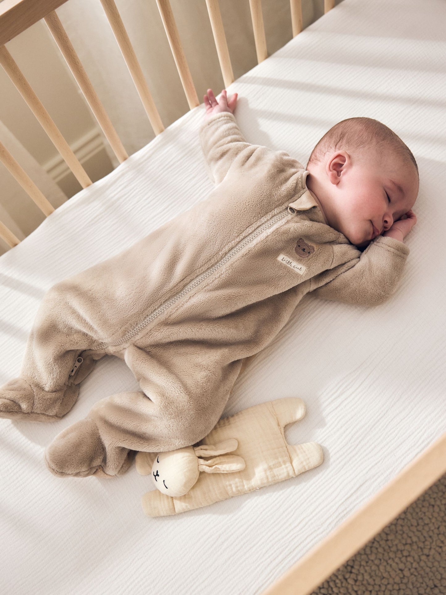 Neutral Bear Fleece Two Way Zip Baby Sleepsuit image 1