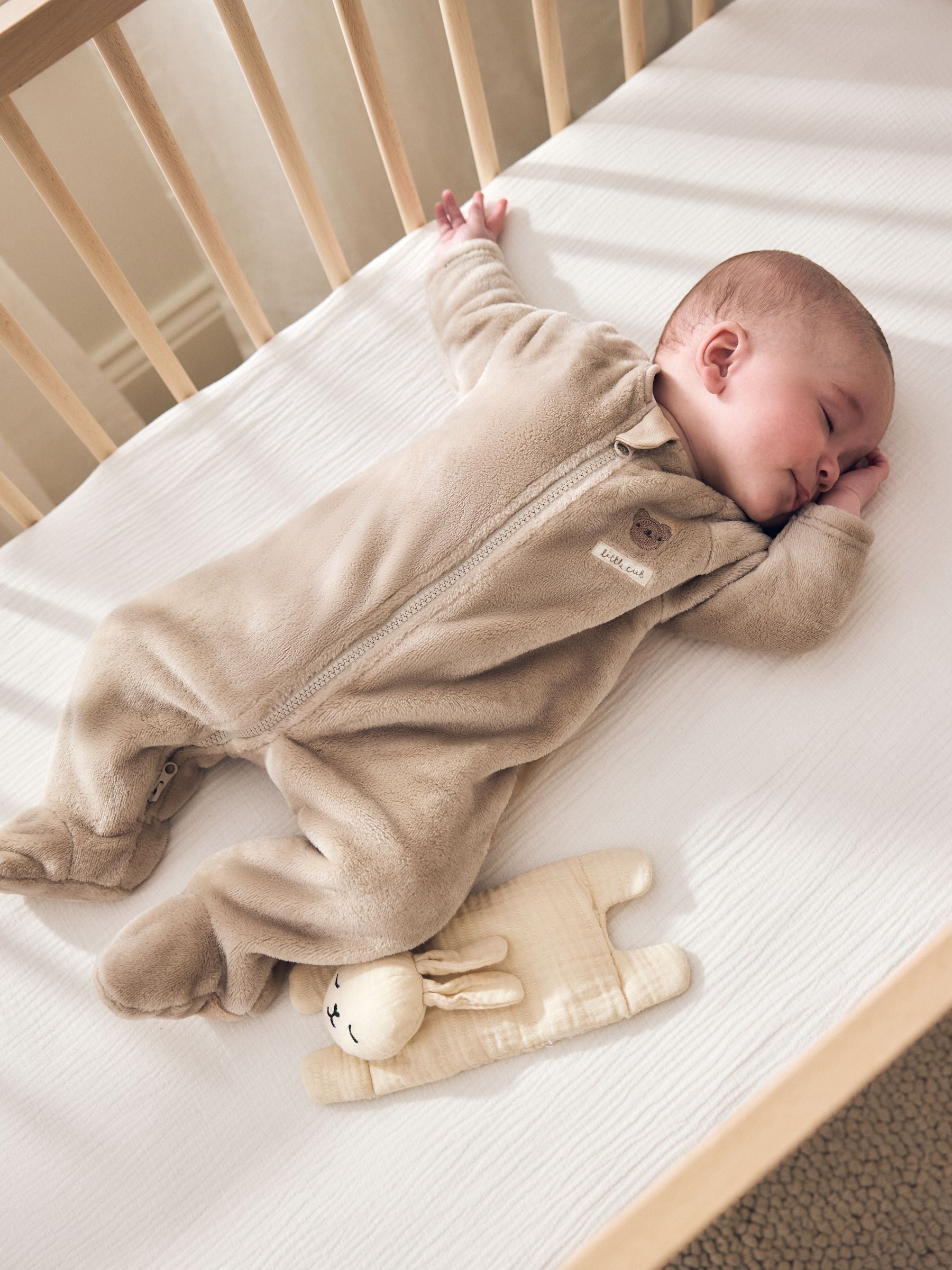 Neutral Bear Fleece Two Way Zip Baby Sleepsuit image 1