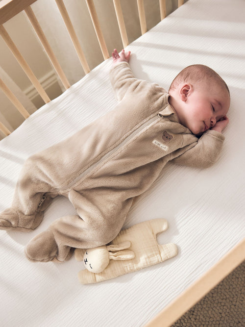 Neutral Bear Fleece Two Way Zip Baby Sleepsuit image 1