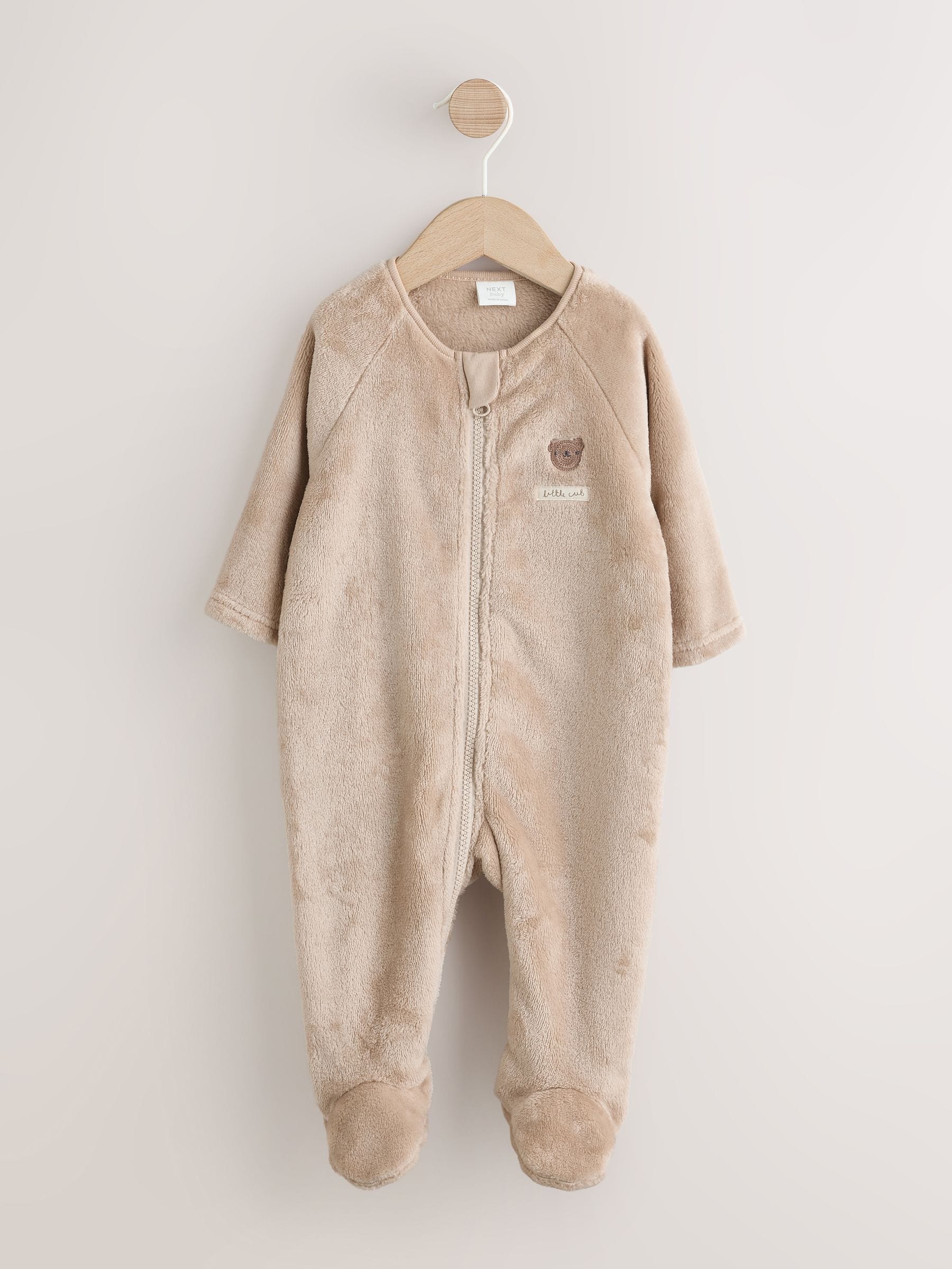 Neutral Bear Fleece Two Way Zip Baby Sleepsuit image 3