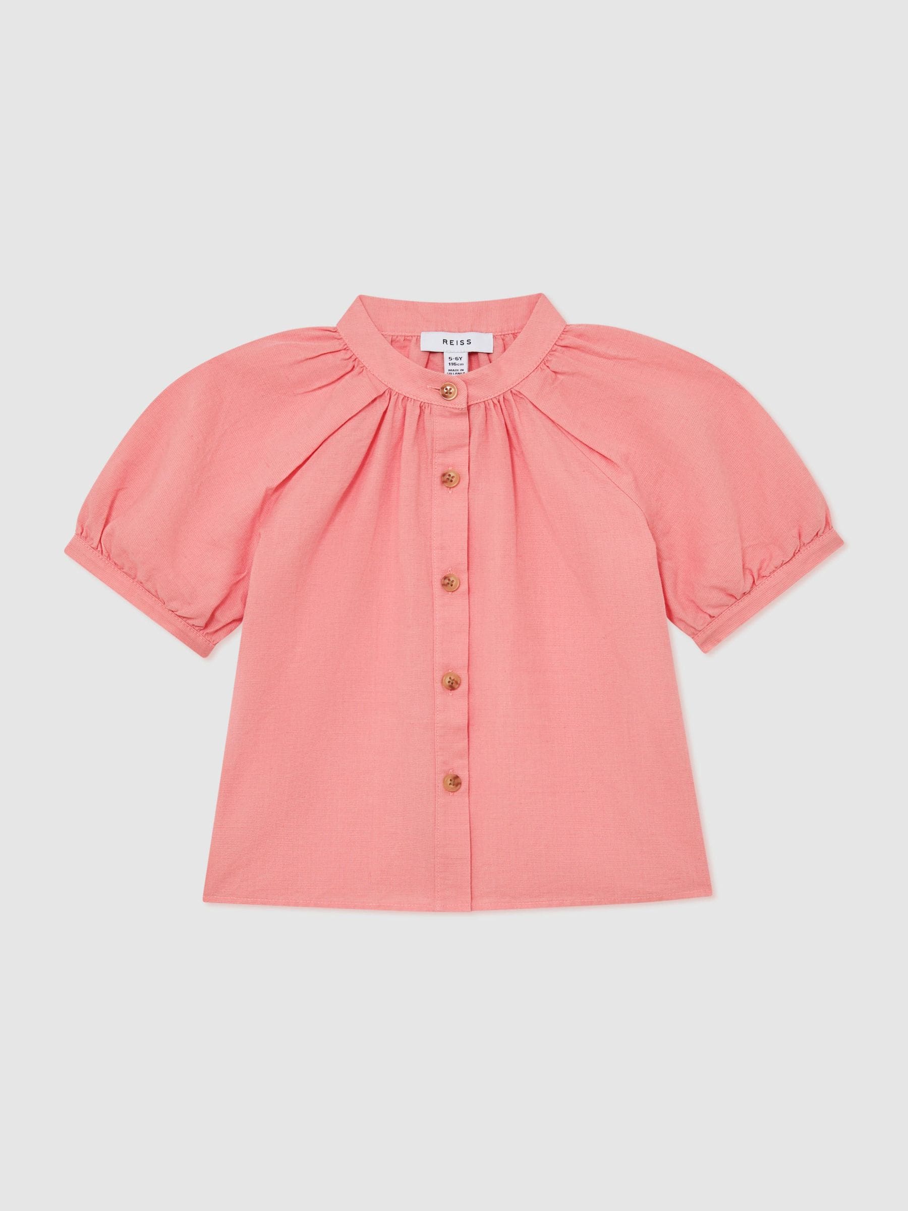Reiss Coral Pink Cleo 3-9 yrs Cotton-Linen Puff-Sleeve Shirt image 1