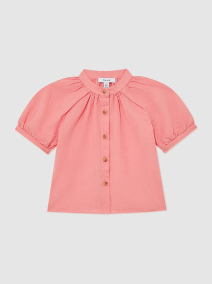 Reiss Coral Pink Cleo 3-9 yrs Cotton-Linen Puff-Sleeve Shirt image 1