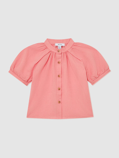 Reiss Coral Pink Cleo 3-9 yrs Cotton-Linen Puff-Sleeve Shirt image 1