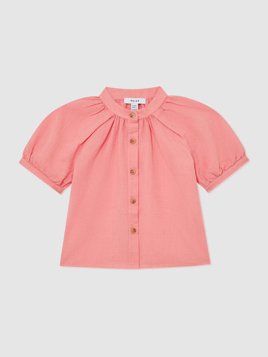Reiss Coral Pink Cleo 3-9 yrs Cotton-Linen Puff-Sleeve Shirt image 1
