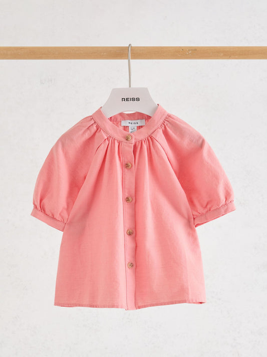 Reiss Coral Pink Cleo 3-9 yrs Cotton-Linen Puff-Sleeve Shirt image 2