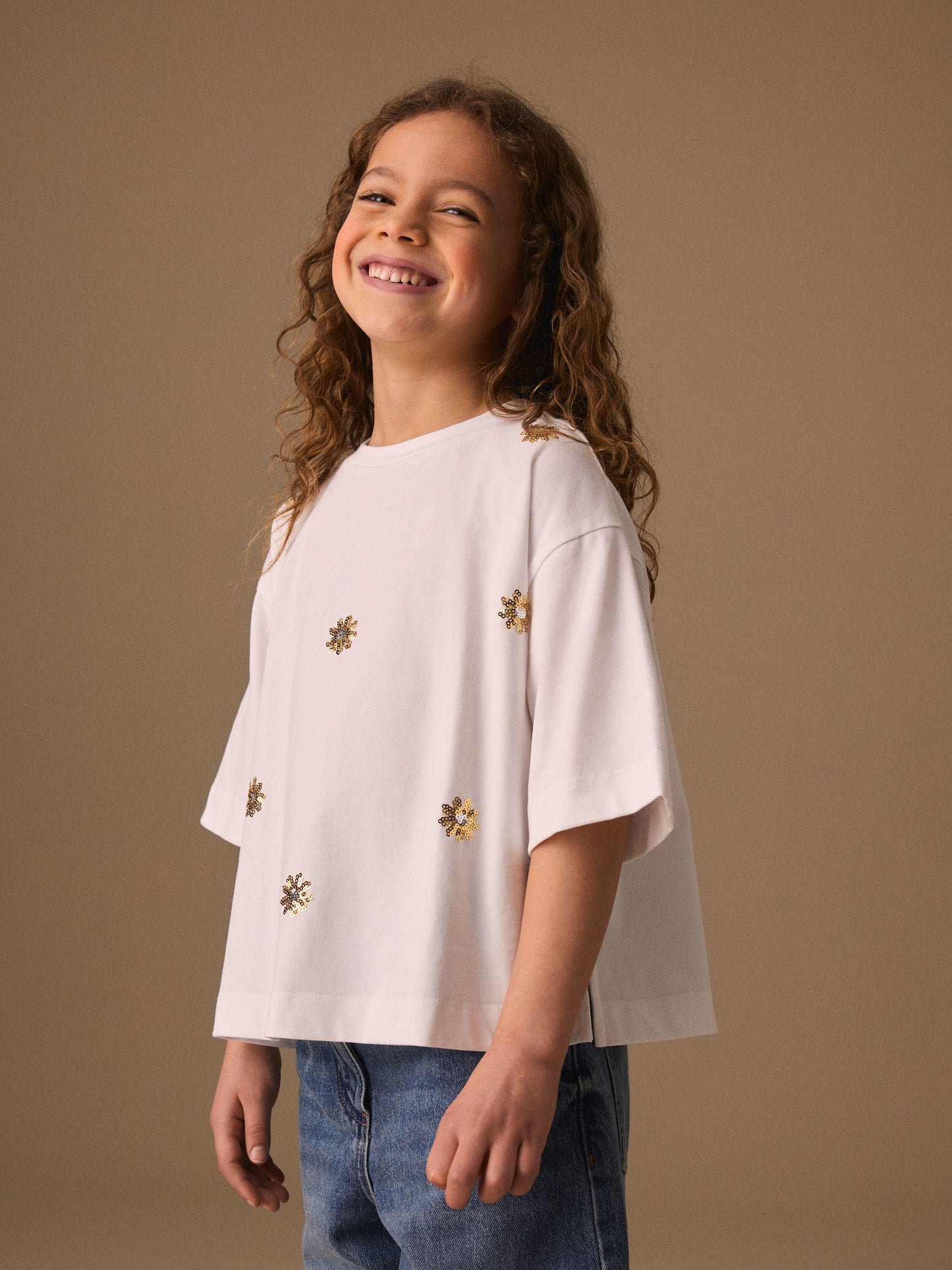 Dsiney Kidz - White Flower Oversized Boxy Sequin T-Shirt (3-16yrs) image 1