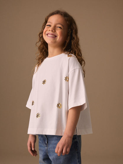 Dsiney Kidz - White Flower Oversized Boxy Sequin T-Shirt (3-16yrs) image 1