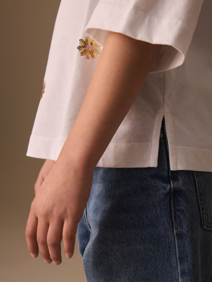 Dsiney Kidz - White Flower Oversized Boxy Sequin T-Shirt (3-16yrs) image 4