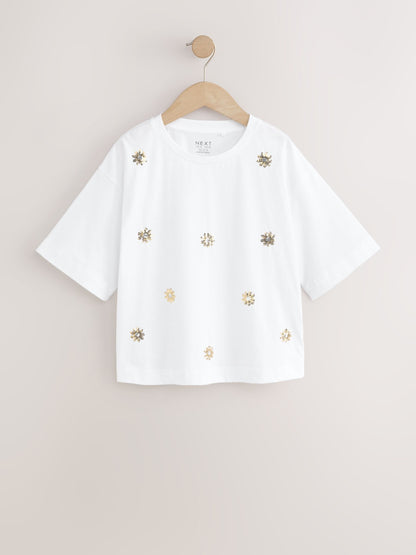 Dsiney Kidz - White Flower Oversized Boxy Sequin T-Shirt (3-16yrs) image 5