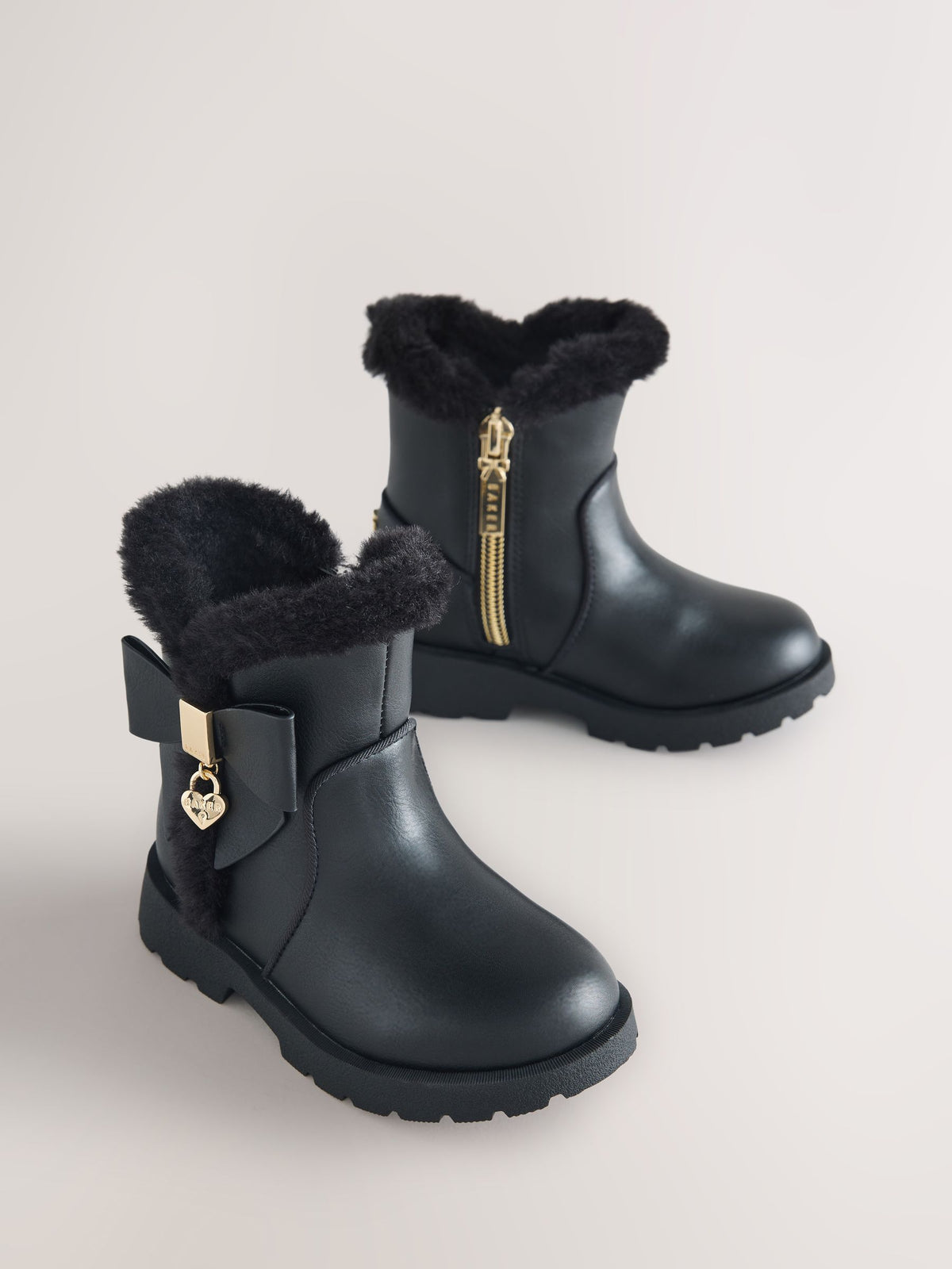 Dsiney Kidz - Baker by Ted Baker Chunky Faux Fur Cuff Black Boots with Bow image 1