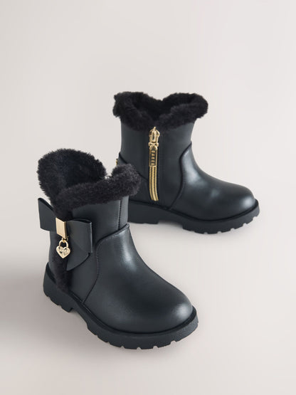 Dsiney Kidz - Baker by Ted Baker Chunky Faux Fur Cuff Black Boots with Bow image 1
