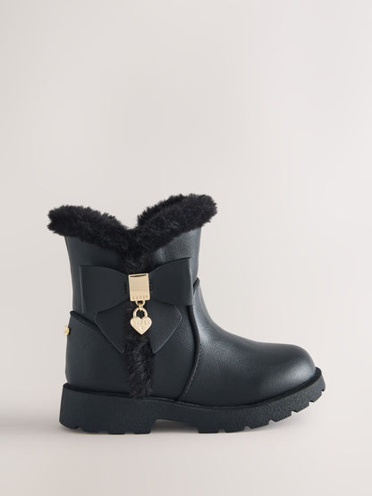 Dsiney Kidz - Baker by Ted Baker Chunky Faux Fur Cuff Black Boots with Bow image 2