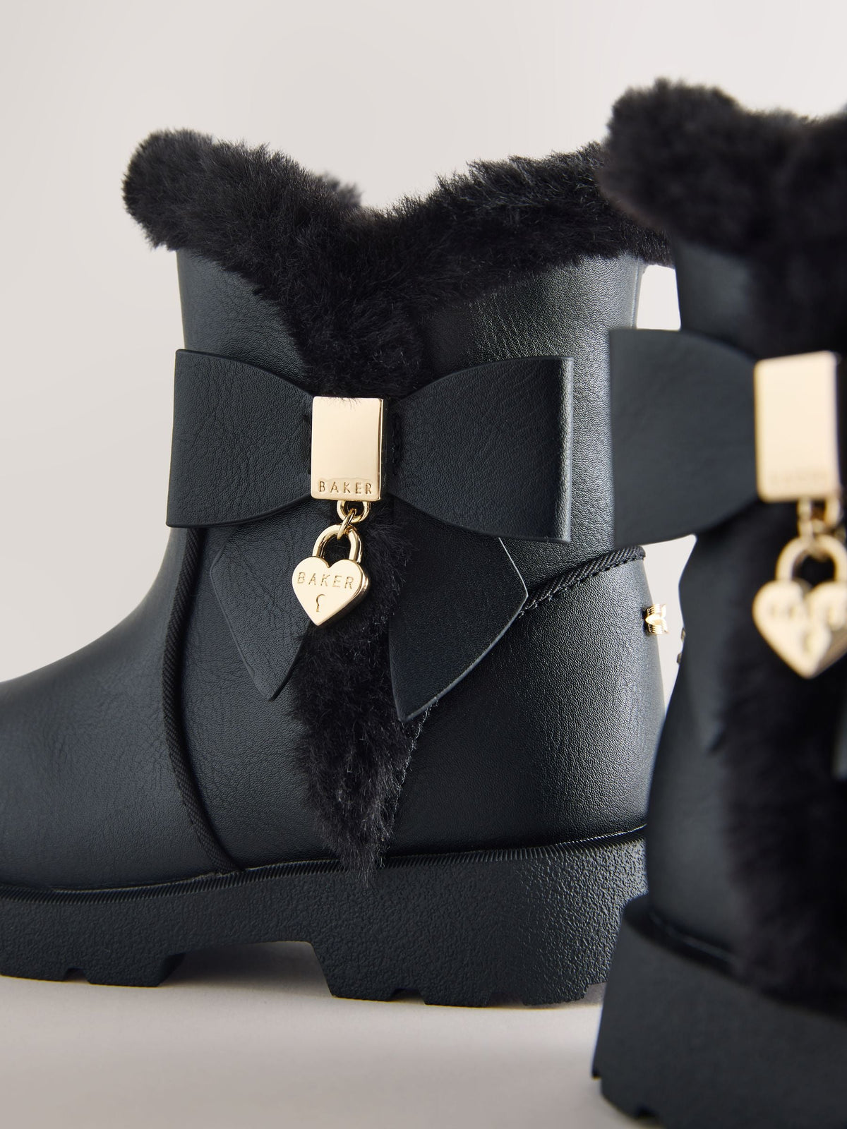 Dsiney Kidz - Baker by Ted Baker Chunky Faux Fur Cuff Black Boots with Bow image 3