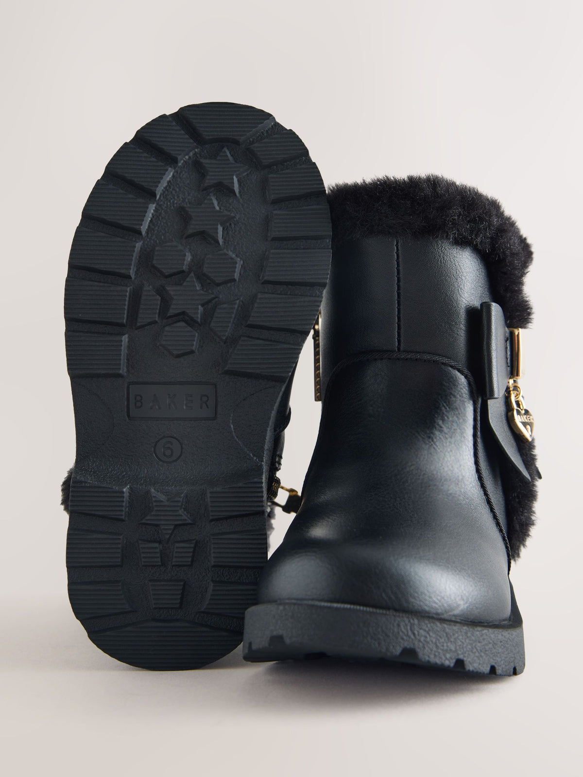 Dsiney Kidz - Baker by Ted Baker Chunky Faux Fur Cuff Black Boots with Bow image 6