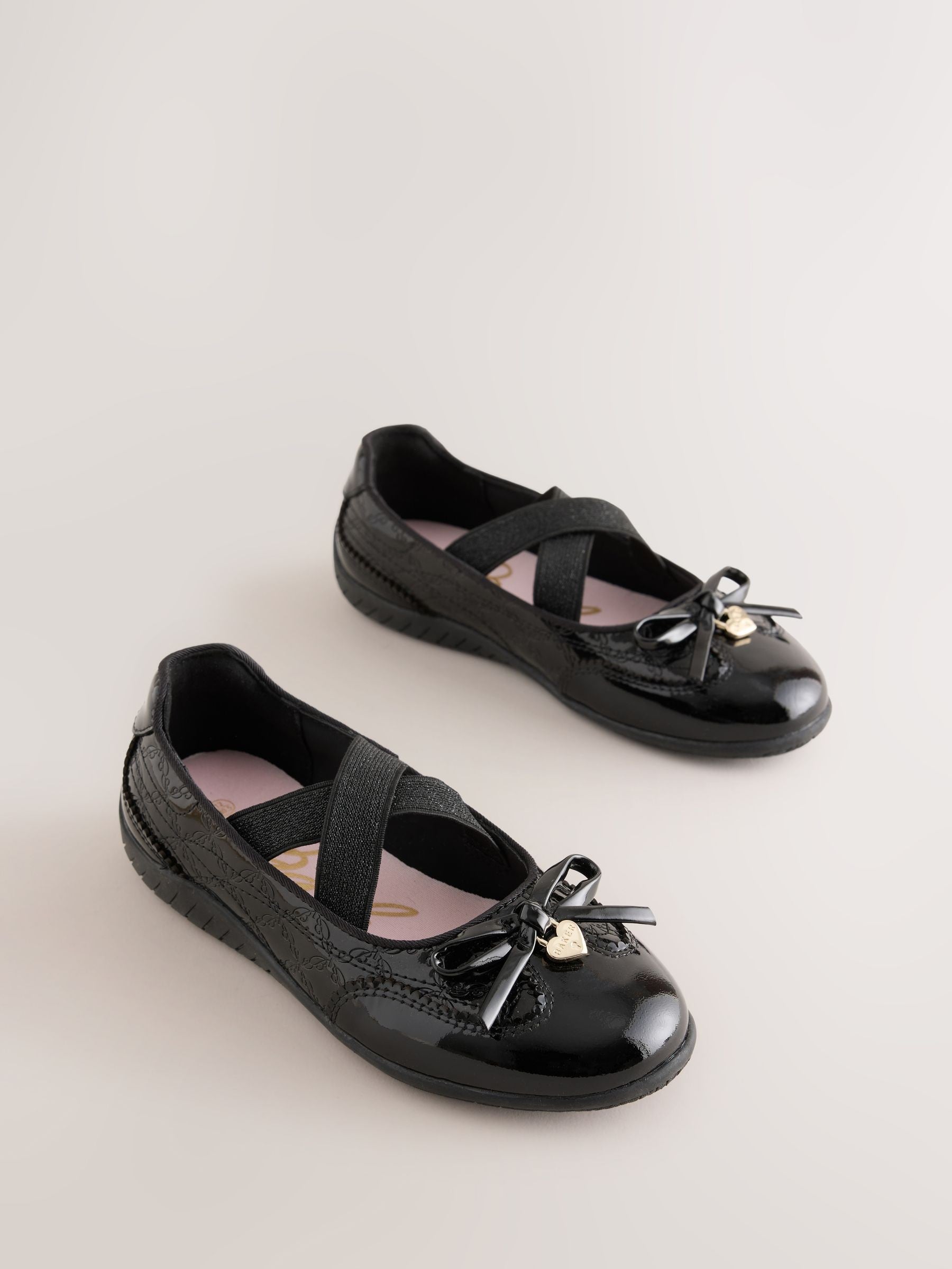 Baker by Ted Baker Black Back to School Patent Embossed Ballet Strap Bow Mary Jane Trainers image 1