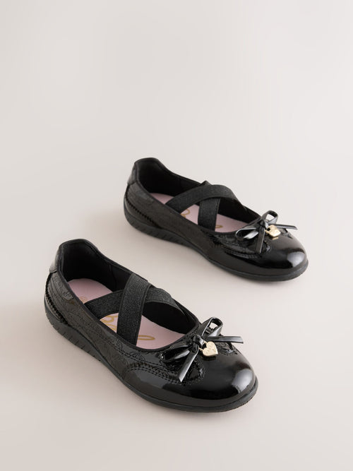 Baker by Ted Baker Black Back to School Patent Embossed Ballet Strap Bow Mary Jane Trainers image 1