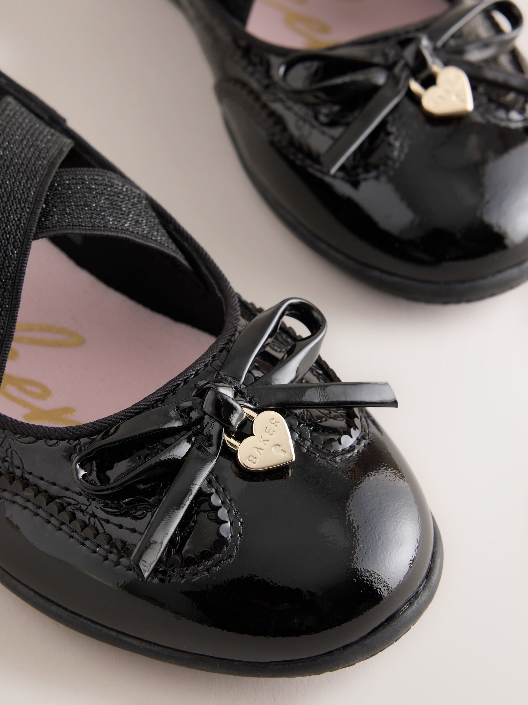 Baker by Ted Baker Black Back to School Patent Embossed Ballet Strap Bow Mary Jane Trainers image 3