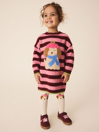 Dsiney Kidz - Pink Stripe Dog Jacquard Knitted Jumper Dress And Tights Set (3mths-7yrs) image 1