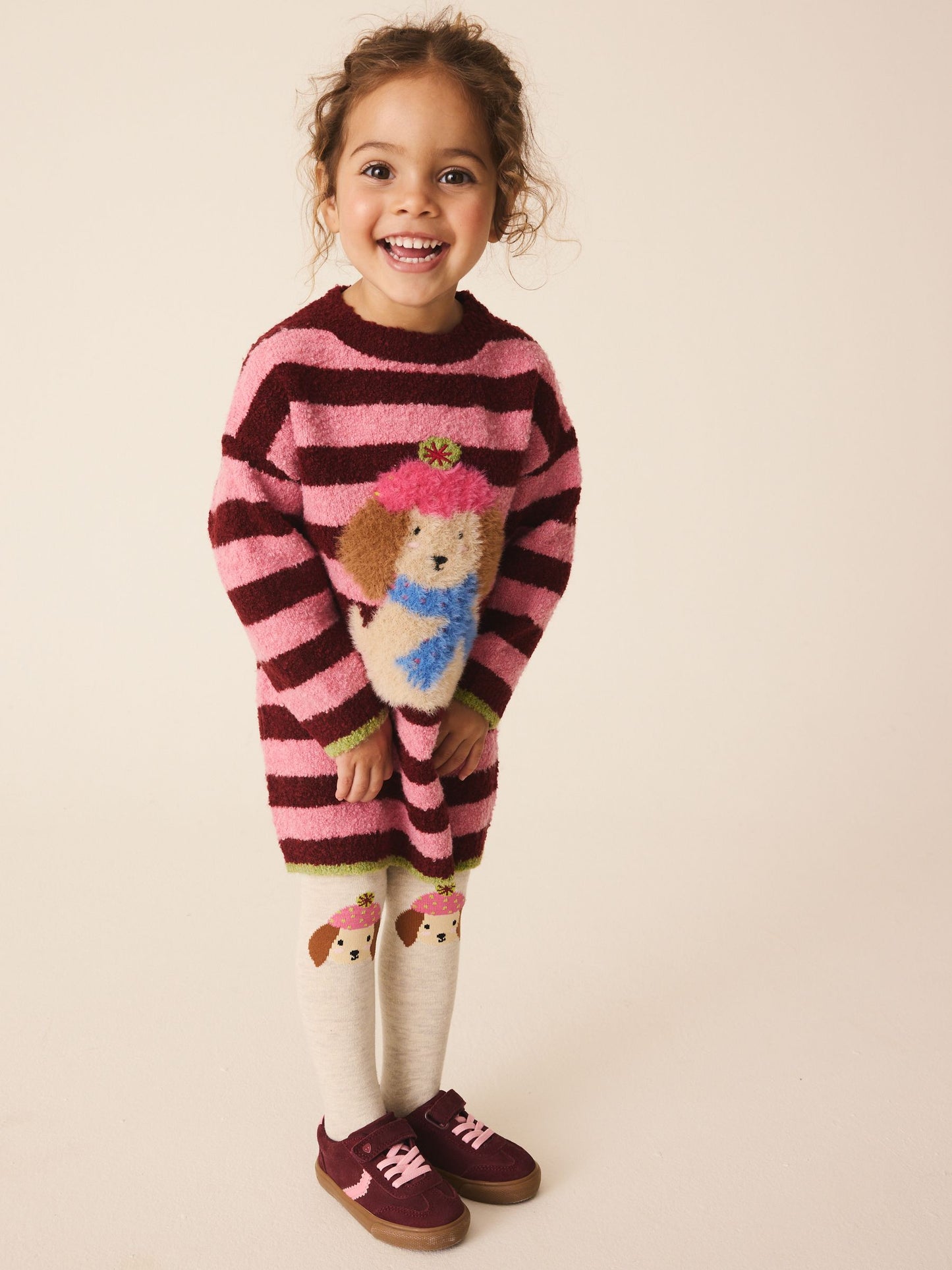 Dsiney Kidz - Pink Stripe Dog Jacquard Knitted Jumper Dress And Tights Set (3mths-7yrs) image 2