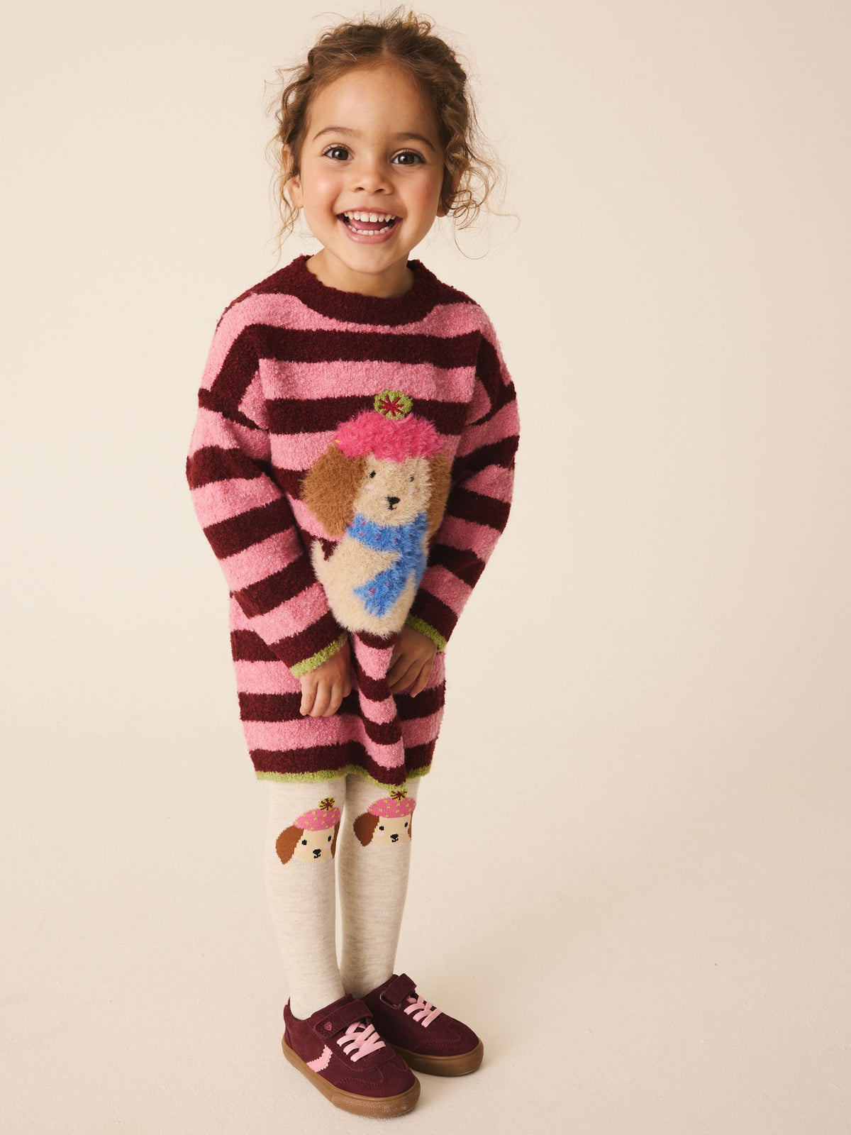 Dsiney Kidz - Pink Stripe Dog Jacquard Knitted Jumper Dress And Tights Set (3mths-7yrs) image 2