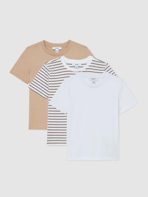 Reiss Stone/Brown Stripe/White Bless 3 Pack 3-9 yrs 3 Pack Cotton Crew-Neck T-Shirts image 1