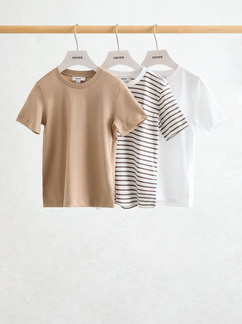 Reiss Stone/Brown Stripe/White Bless 3 Pack 9-13 yrs 3 Pack Cotton Crew-Neck T-Shirts image 1
