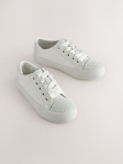 Dsiney Kidz - White Pearl Embellished Lace Up Occasion Trainers image 1
