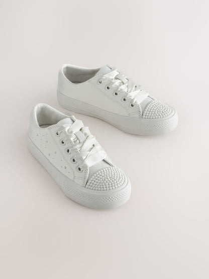 White Pearl Embellished Lace Up Occasion Trainers image 1