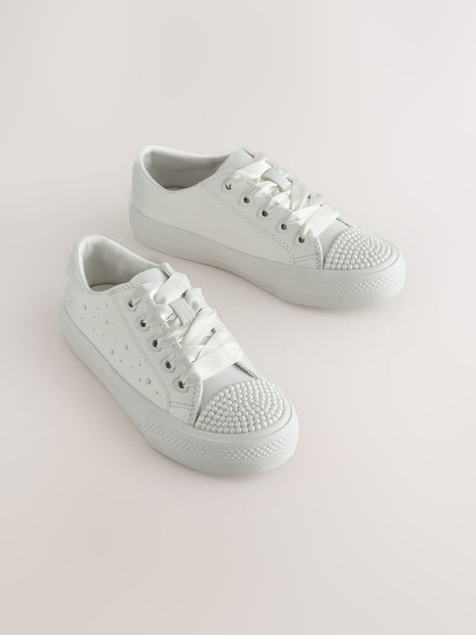Dsiney Kidz - White Pearl Embellished Lace Up Occasion Trainers image 1