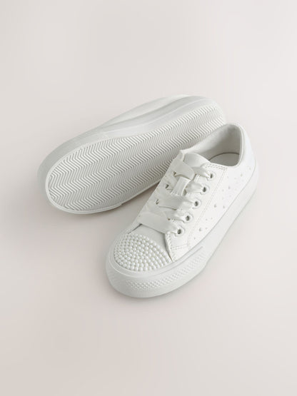 White Pearl Embellished Lace Up Occasion Trainers image 2
